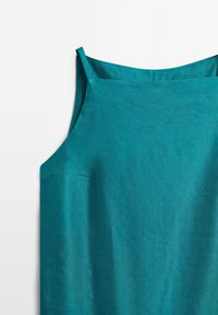 Teal sleeveless dress with thin shoulder straps and a straight neckline, shown from the upper torso area on a plain background.