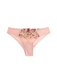 Lyserøde kvinders undertøj med semi-transparent blomsterbroderi i rødt og grønt på frontpanelet, lagt fladt på hvid baggrund.