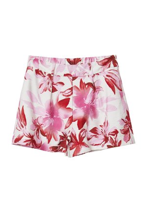 Shorts bianchi con stampa floreale rosa e rossa, vita elastica e pieghe sul davanti.