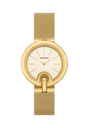 Goudkleurige Tory Burch polshorloge met mesh band, minimalistische wijzerplaat zonder cijfers, gouden markeringen en een lusdetail aan de onderkant van de ronde wijzerplaat.
