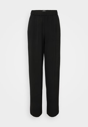 Pantalons noirs à coupe ample, avec une taille élastique et des jambes droites. Fabriqués en tissu lisse sans motifs visibles ni accessoires.