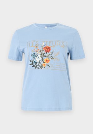 Light blue short-sleeve t-shirt with a floral graphic and "LES FLEURS" text in gold above orange, white, and blue flowers.