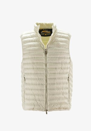 Gilet imbottito beige chiaro con colletto alto, zip frontale e due tasche laterali. Presenta cuciture orizzontali e una superficie liscia.