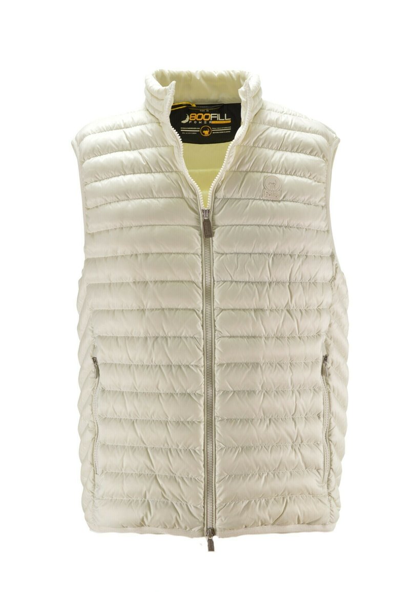 Gilet imbottito beige chiaro con colletto alto, zip frontale e due tasche laterali. Presenta cuciture orizzontali e una superficie liscia.