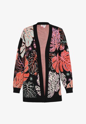 Cárdigan negro con vibrantes patrones florales en rosa, naranja y azul verdoso. Diseño de abertura frontal, mangas largas y tejido de punto texturizado.