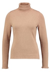 Pull à col roulé beige clair, fabriqué en tissu doux. Comprend des manches longues avec des poignets à volants et une coupe ajustée.