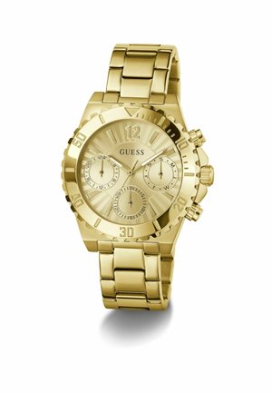 Złoty zegarek ze stali nierdzewnej z teksturowanym pierścieniem, trzema tarczami pomocniczymi i bransoletą z ogniw. Oznaczony wyraźnymi godzinowymi i minutowymi cyframi.