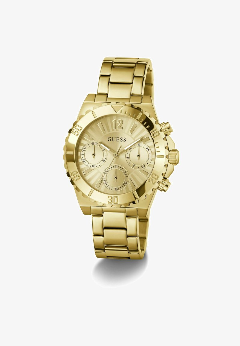 Montre en acier inoxydable doré avec une lunette texturée, trois sous-cadrans et un bracelet à maillons. Marquée par des chiffres des heures et des minutes en gras.