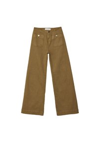 Spodnie z szerokimi nogawkami, w kolorze khaki, wykonane z bawełny. Posiadają dwie tylne kieszenie naszywane oraz srebrne detale. Minimalistyczny design z czystymi liniami.