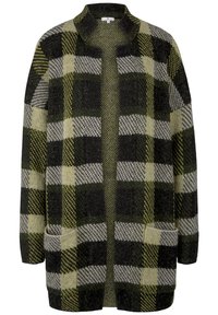 Kostkovaný cardigan v zelené, černé a žluté barvě s uvolněným střihem, otevřeným předním dílem a dvěma bočními kapsami. Texturovaná pletenina s jemným povrchem.
