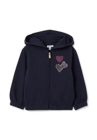 Sudadera con capucha de color navy y cierre de cremallera. Presenta tres diseños de corazones texturizados en strass rosa y blanco en el lado izquierdo.