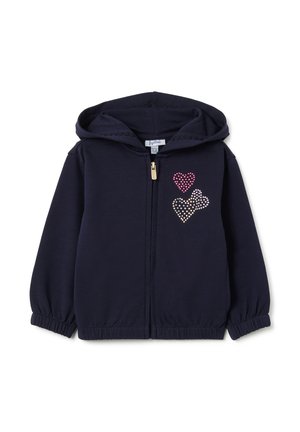 Felpa con cappuccio blu navy e chiusura con zip. Presenta tre design a forma di cuore testurizzati in strass rosa e bianchi sul lato sinistro.