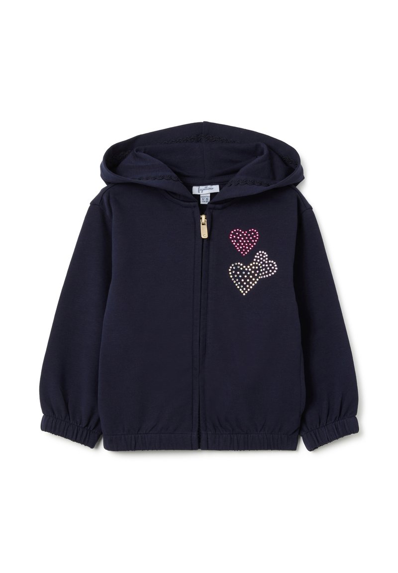 Sudadera con capucha de color navy y cierre de cremallera. Presenta tres diseños de corazones texturizados en strass rosa y blanco en el lado izquierdo.