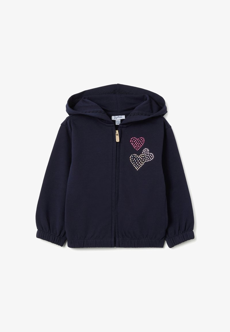 Felpa con cappuccio blu navy e chiusura con zip. Presenta tre design a forma di cuore testurizzati in strass rosa e bianchi sul lato sinistro.