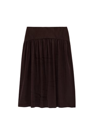 Dunkelbrauner Midirock mit gerafftem Stoff unter einem breiten, taillierten Bund, fließende und leicht ausgestellte Silhouette.