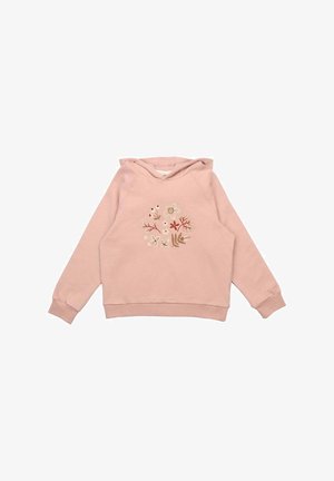Pink hoodie made of soft fabric, featuring floral embroidery in white, red, and brown. Includes a drawstring hood and ribbed cuffs.