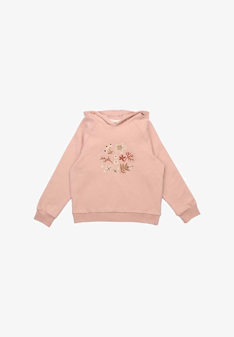 Pink hoodie made of soft fabric, featuring floral embroidery in white, red, and brown. Includes a drawstring hood and ribbed cuffs.