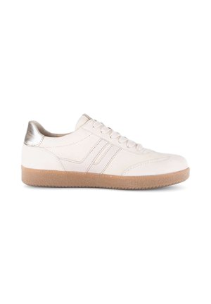 Off-white low-top sneaker with light brown rubber sole, lace-up front, side stitching detail, and metallic silver heel accent.