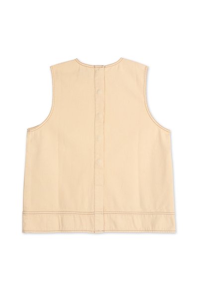 Top senza maniche beige in cotone, con un taglio dritto, scollatura rotonda e cuciture visibili lungo i bordi. Il retro presenta una chiusura con bottone.