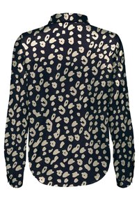 Camicia a maniche lunghe con sfondo blu navy e motivo a stampa leopardo crema. Presenta un colletto e un orlo arrotondato. Tessuto simile alla seta.