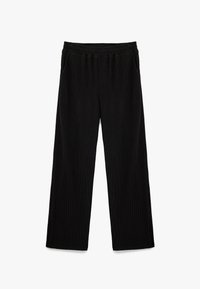 Sorte fløjlsbukser med bred benvidde, elastisk talje, to sidelommer og et struktureret stof, velegnet til afslappet wear.