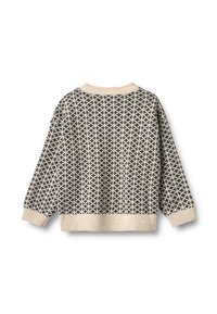 Beige und schwarz gemusterter Strickpullover mit gerippten Bündchen, Saum und Kragen, von hinten auf einem weißen Hintergrund gezeigt.