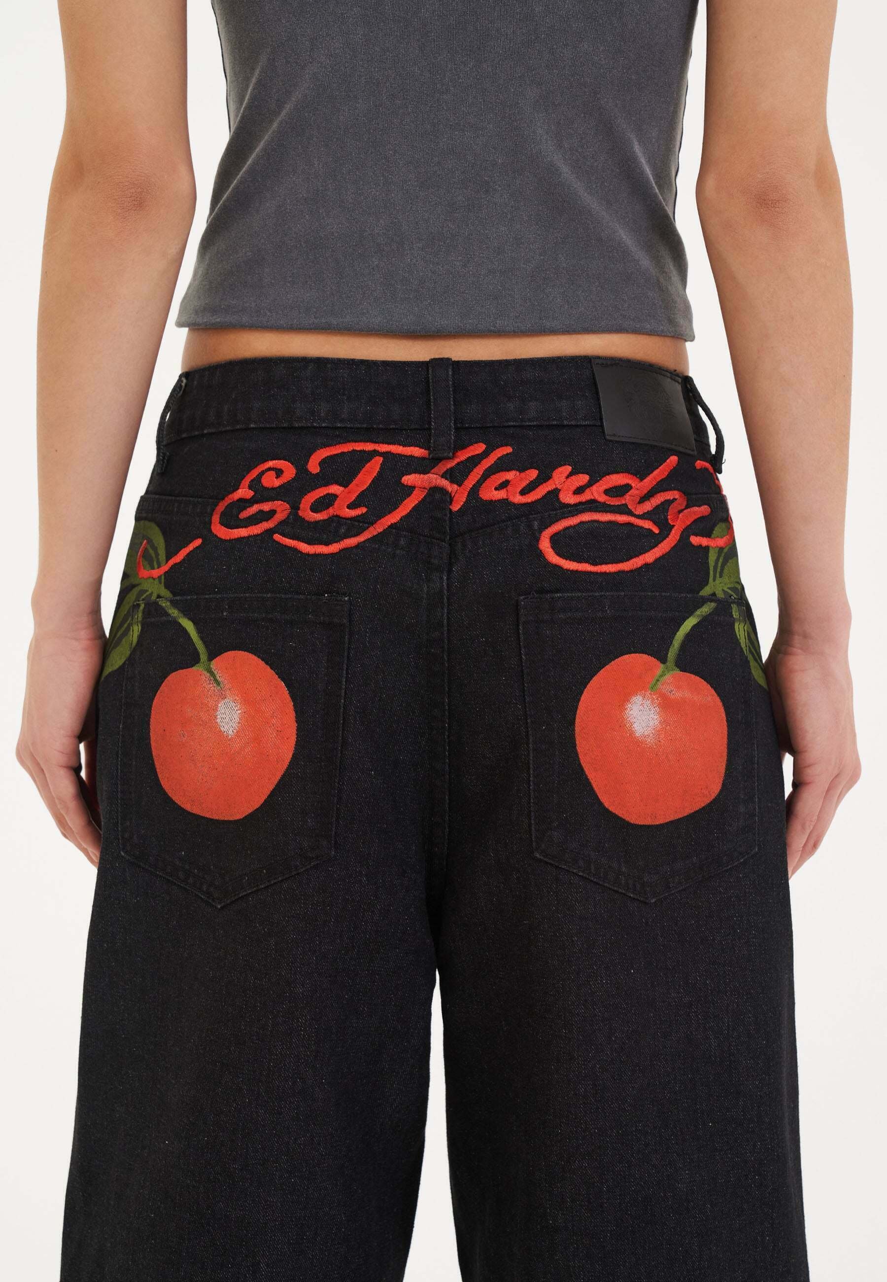 Ed Hardy CHERRY LOVE BOMB - Denim shorts - black - Zalando