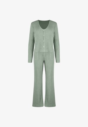 Loungewear set in muntgroen van geribbelde stof, bestaande uit een cardigan met V-hals en knopen en uitlopende broek, beide met verticale ribbelpatronen.