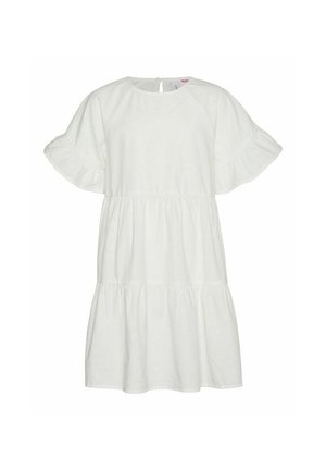 Robe blanche à manches courtes avec jupe à volants et manches froncées, dotée d'un col rond et d'une fermeture boutonnée au dos.