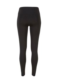 Leggings neri con vita alta, realizzati in tessuto elasticizzato. Presentano cuciture piatte e una vestibilità aderente, con una texture liscia.