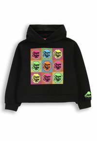 Czarna, krótkia bluza z kapturem z centralnym grafiką dziewięciu kolorowych logo Chupa Chups na tło w kropki. Miękki materiał, zaprojektowana z kapturem.