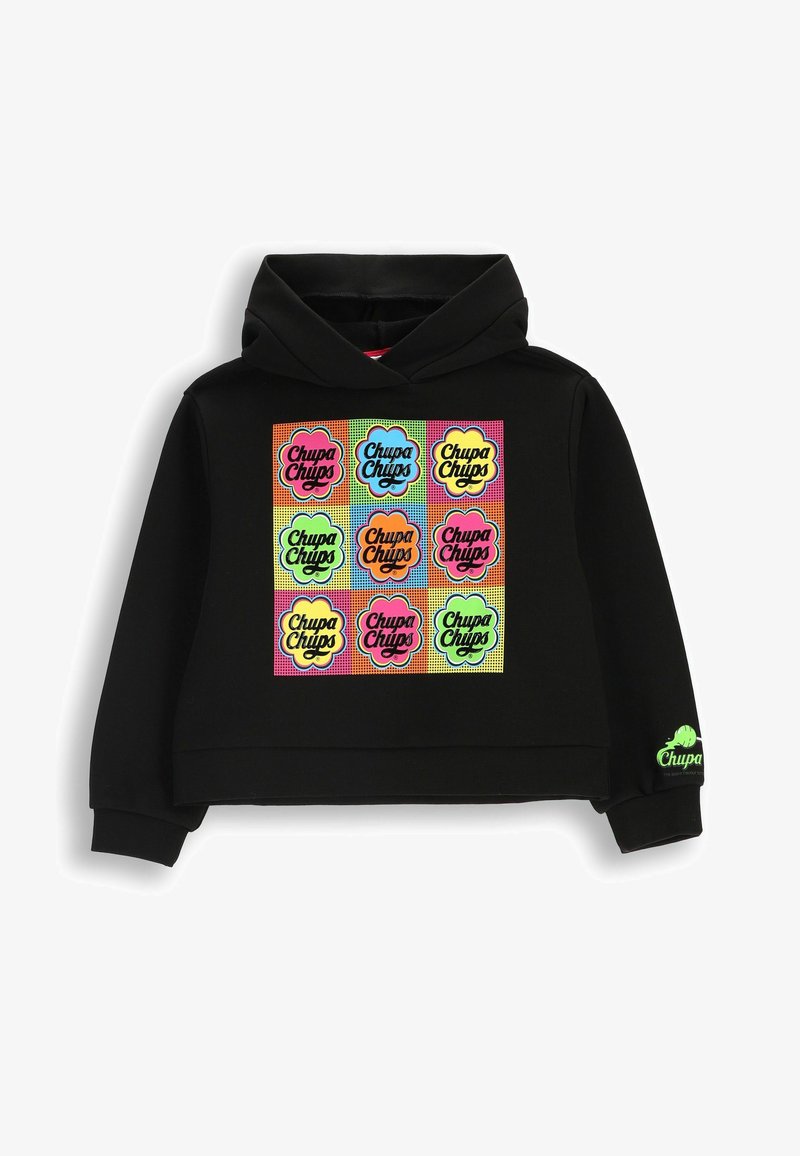 Czarna, krótkia bluza z kapturem z centralnym grafiką dziewięciu kolorowych logo Chupa Chups na tło w kropki. Miękki materiał, zaprojektowana z kapturem.