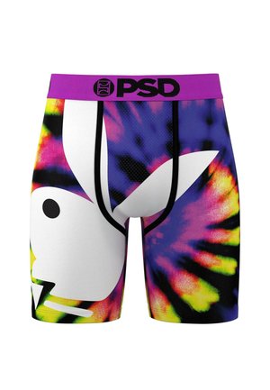 Herren Boxerbriefs mit einem Batikmuster in lebendigen Farben. Die Vorderseite zeigt ein großes weißes Hasenlogo und einen lila Bund mit Branding.