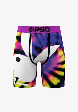 Férfi boxeralsó, élénk színekben, batikolt mintával. Az elülső részen egy nagy fehér nyúl logó található, valamint egy lila derékpánt márkázással.
