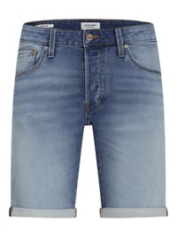Denim shorts in light blue with a faded wash, featuring a button closure, belt loops, and rolled cuffs for a casual look.