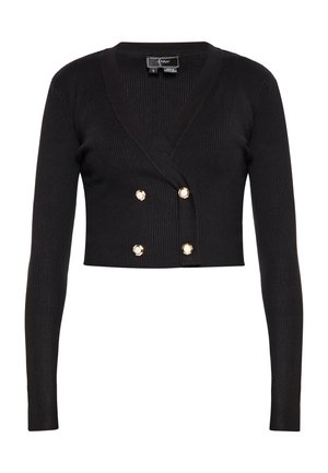 Zwarte cropped cardigan met lange mouwen, gemaakt van geribbelde breiwerkstof. Beschikt over een V-hals en twee gouden knoopaccenten aan de voorkant.