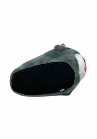 Pantofole in peluche grigie con suola nera testurizzata; presenta il volto di un animale dei cartoni animati con accenti bianchi e rosa. Realizzate in tessuto morbido.