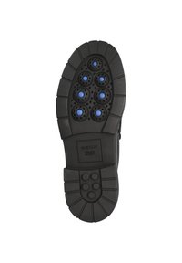 Zwarte rubberen zool met een patroon van zeven blauwe ronde luchtgaten en een gestructureerde loopvlak voor grip. "GEOX ITALIAANS PATENT" vermeld.