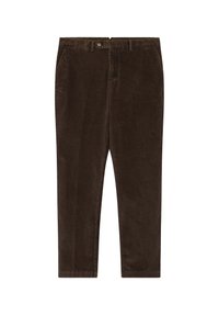 Pantalons en velours côtelé marron avec une coupe droite, dotés d'une fermeture à bouton, de poches latérales et d'une texture lisse.