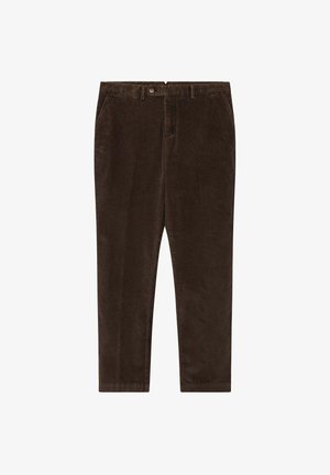 Brązowe spodnie z sztruksu o prostym kroju, z zamknięciem na guzik, kieszeniami bocznymi oraz gładką teksturą.
