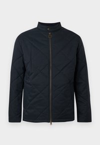 Casaco acolchoado azul-marinho com gola alta, fecho de correr frontal e padrão de costura diagonal. Apresenta ferragens em tom dourado e material leve.