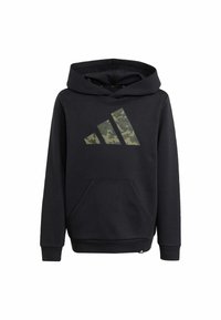 Black hoodie made of soft fabric featuring a large, camo-patterned Adidas logo on the front, kangaroo pocket, and ribbed cuffs.