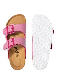 Sandali rosa con due cinturini regolabili, soletta in sughero e suola bianca texturizzata. Presentano una finitura liscia con accenti a contrasto.