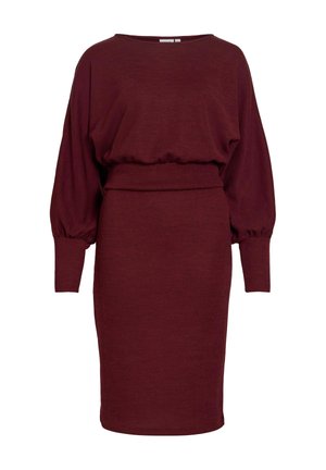 Bordeaux rode gebreide jurk met lange ballonmouwen, ronde hals, getailleerde taille en knielange rok. Zachte textuur met een gladde afwerking.