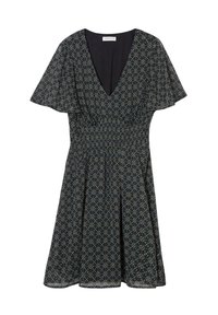 Blumenmuster-Kleid in Dunkelblau mit kurzen, schwingenden Ärmeln, V-Ausschnitt, tailliertem Bund und ausgestelltem Rocksaum. Weiche Stofftextur.