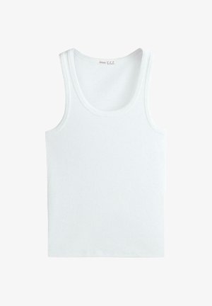 Wit geribd katoenen mouwloos tanktopje met ronde halslijn, plat gelegd op een witte achtergrond.