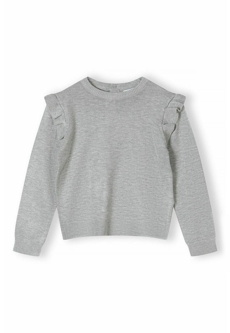 Grauer Pullover aus weichem Material, mit dekorativen Rüschelementen an den Schultern, Rundhalsausschnitt sowie gerippten Bündchen und Saum.