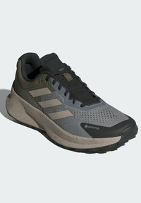 Grå och svart atletisk sko med en texturerad, andningsbar överdel. Har reflekterande detaljer, en vadderad sula och GORE-TEX-märke.