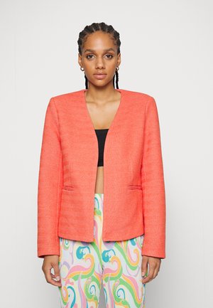 Blazer texturizado em coral com decote em V, sem botões, e duas bolsos frontais. Combinado com calças estampadas coloridas.