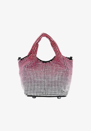 Rhinestone-besprenkeld tas met een verloop van roze naar zilver ontwerp, zachte stof, dubbele handvatten en een solide zwarte basis, voorzien van vier bodemstiften.